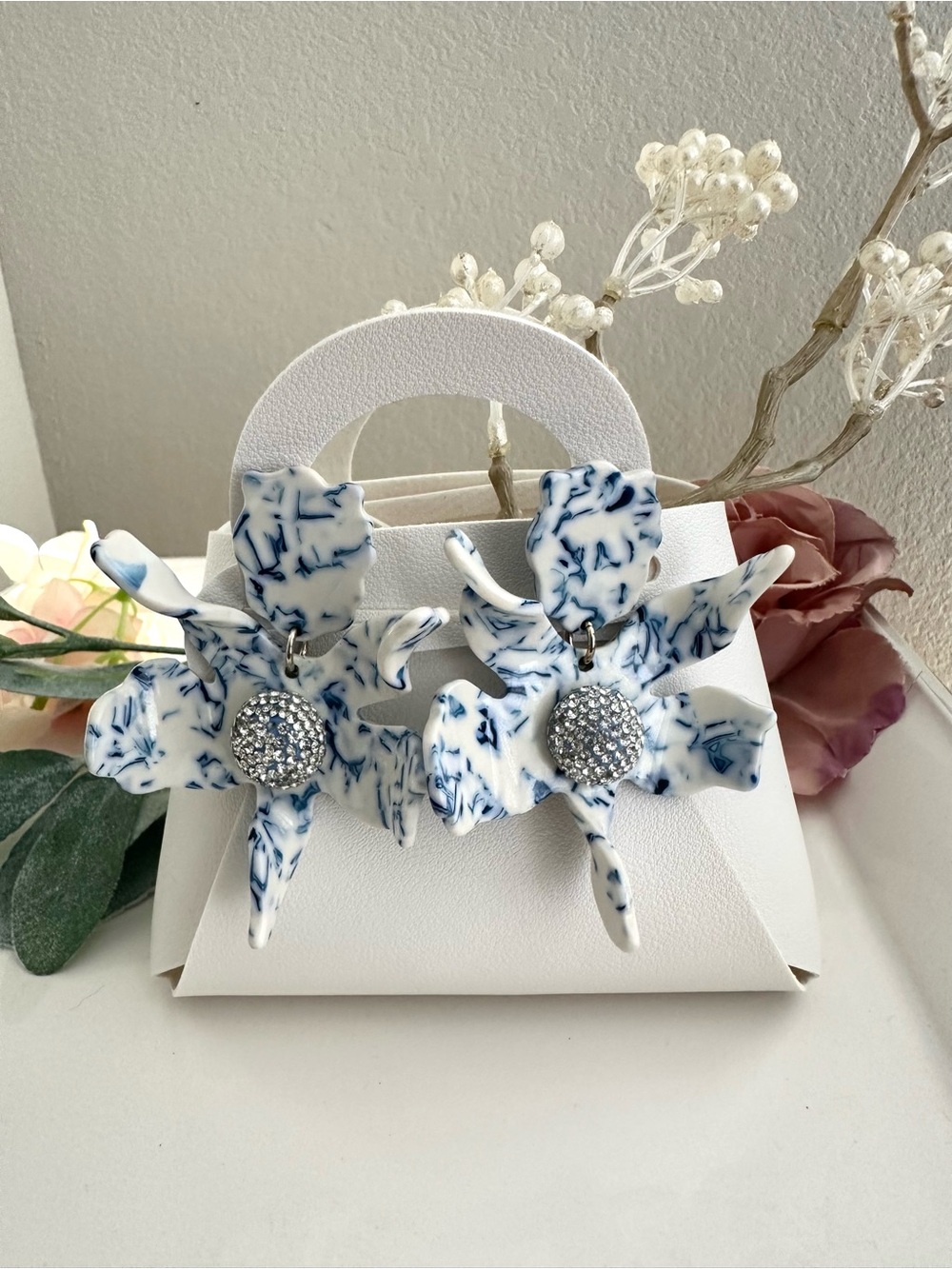 Lele Sadoughi Crystal Lily Pierced Earrings delft blue and white